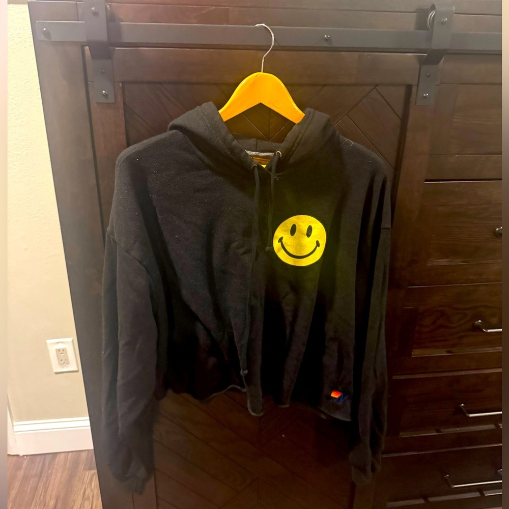 Aviator Nation Black Hoodie with Yellow Smiley Graphic